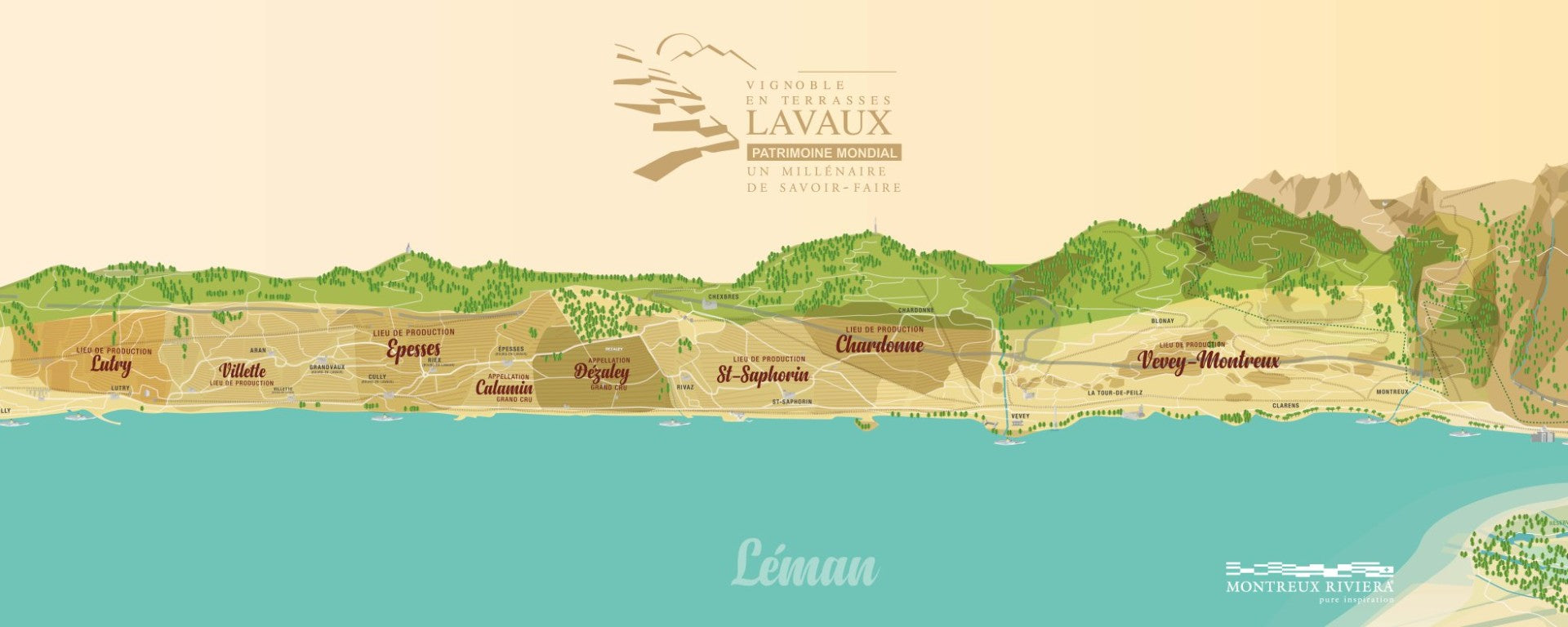Map of Lavaux region with vineyard terraces and Lake Geneva