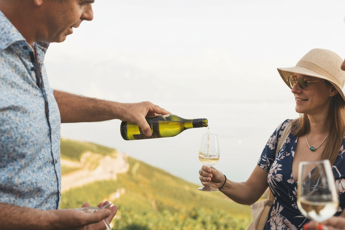 Dégustation Francey Vins dans les vignobles de Lavaux, avec service du vin face au lac Léman.