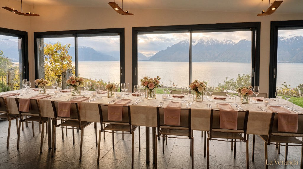 Tables dressées à La Véranda Francey Vins pour un événement privé, avec vaisselle, couverts et décoration élégante face au lac Léman.