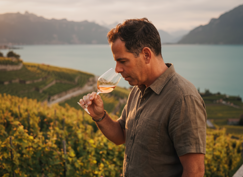 Vigneron Francey Vins dégustant un vin dans les vignobles de Lavaux, avec vue sur le lac Léman et les montagnes.