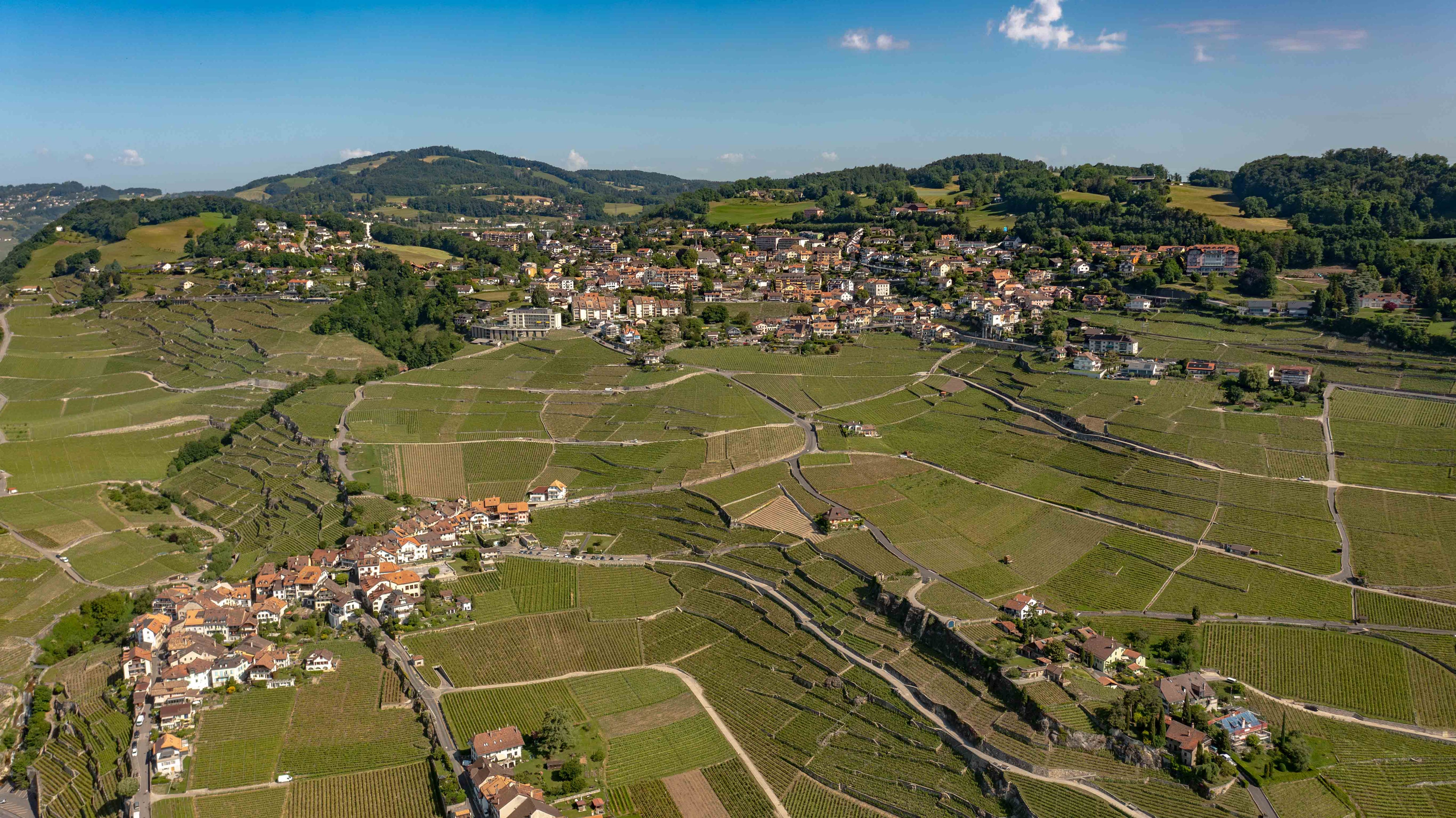 Vue aérienne de Chexbres et des vignobles en terrasses de Lavaux, au-dessus du lac Léman.